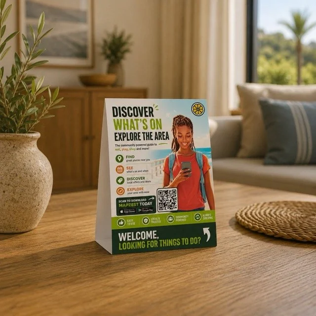 Tent card displaying Mapzest signage with QR code to download app