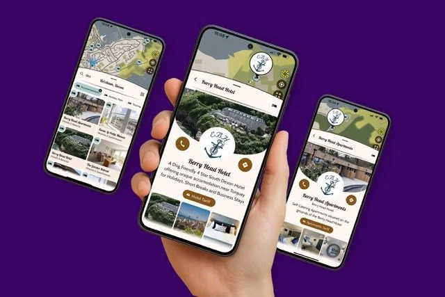 Three smartphones displaying a hotel booking app interface, with maps, hotel images, and details for Berry Head Hotel on a purple background.