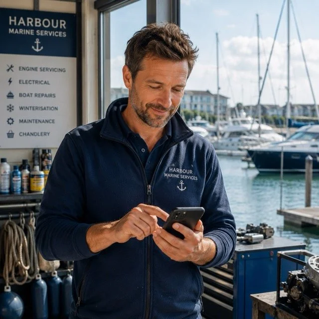 Man in navy jacket with 'Harbour Marine Services' logo using smartphone inside a marina workshop, with boats and a blue sign listing marine services in the background.