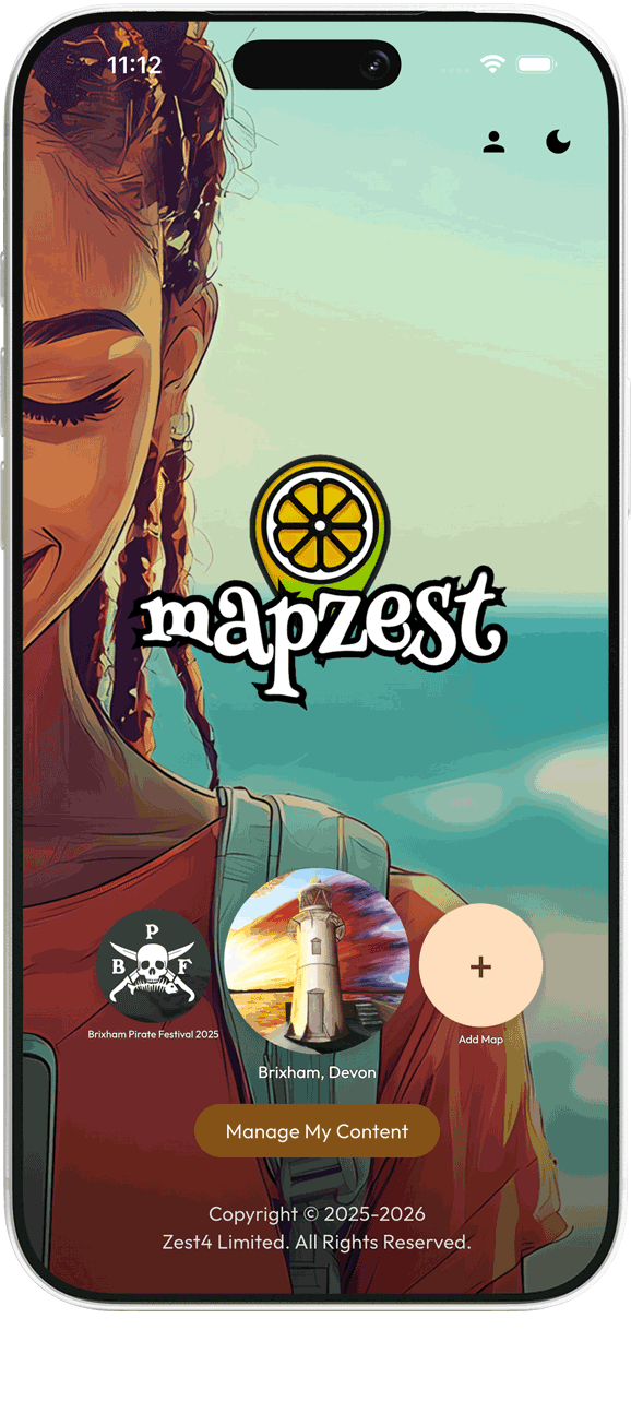 The mobile app screen of Mapzest with a background illustration of a woman with braided hair and a seaside landscape. The app features a logo with a lemon slice, a map of Brixham, Devon, a manage content button, and icons including a pirate flag for the Brixham Pirate Festival 2025.
