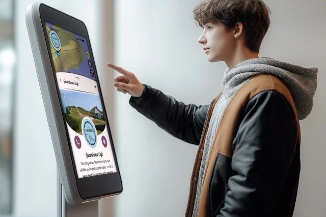 Young man interacting with a touchscreen information kiosk or digital directory at an indoor location.