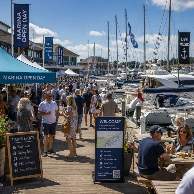 People walking along a marina promenade during an open day event, with boats docked nearby, promotional banners, and outdoor seating.