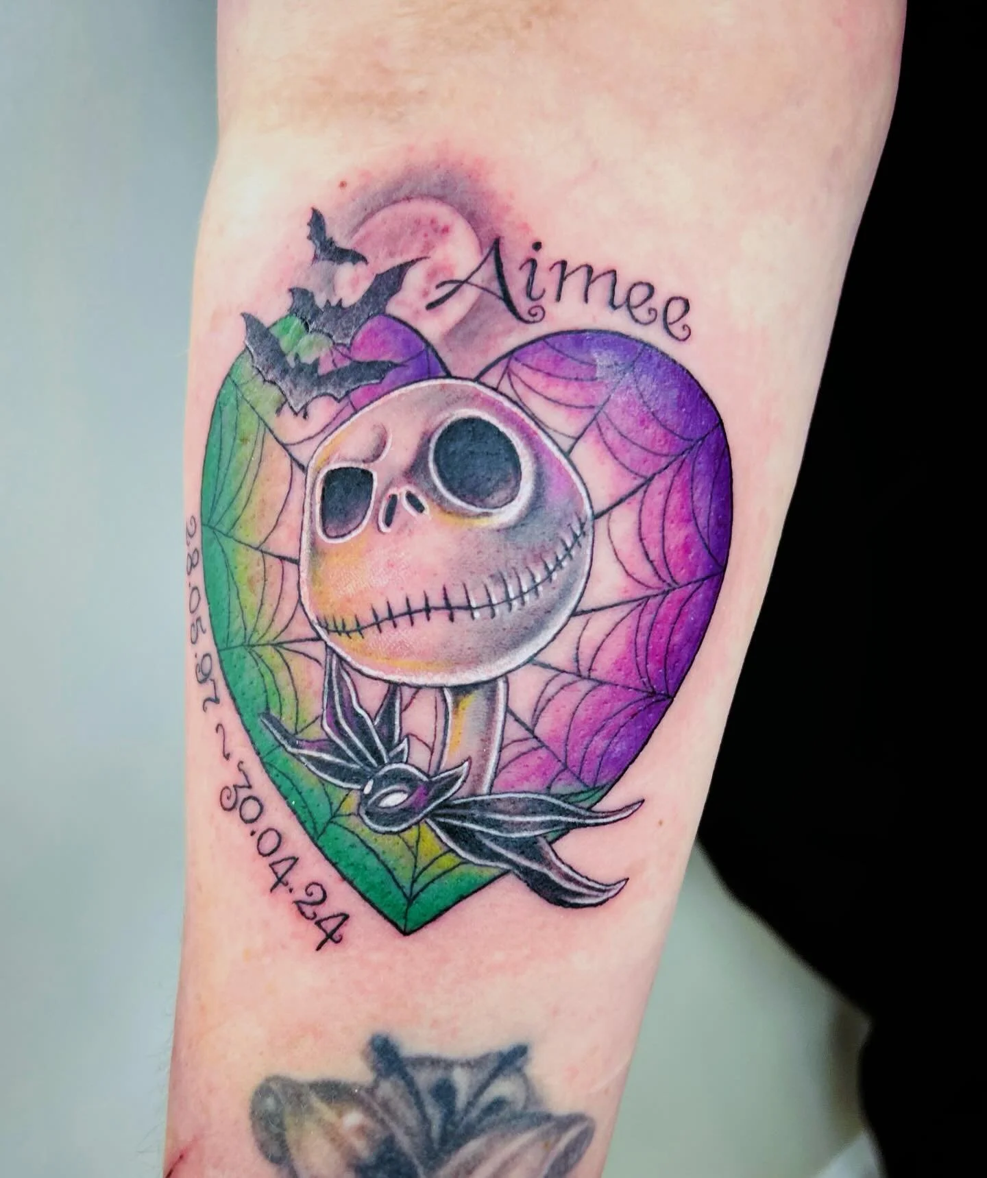 Thankyou Michelle! 💜💚🕸️💀 I’m sure Aimee would love it 🥰 #tattoo #jackskellington #nightmarebeforechristmas #ink #love #art @aatattoofamily