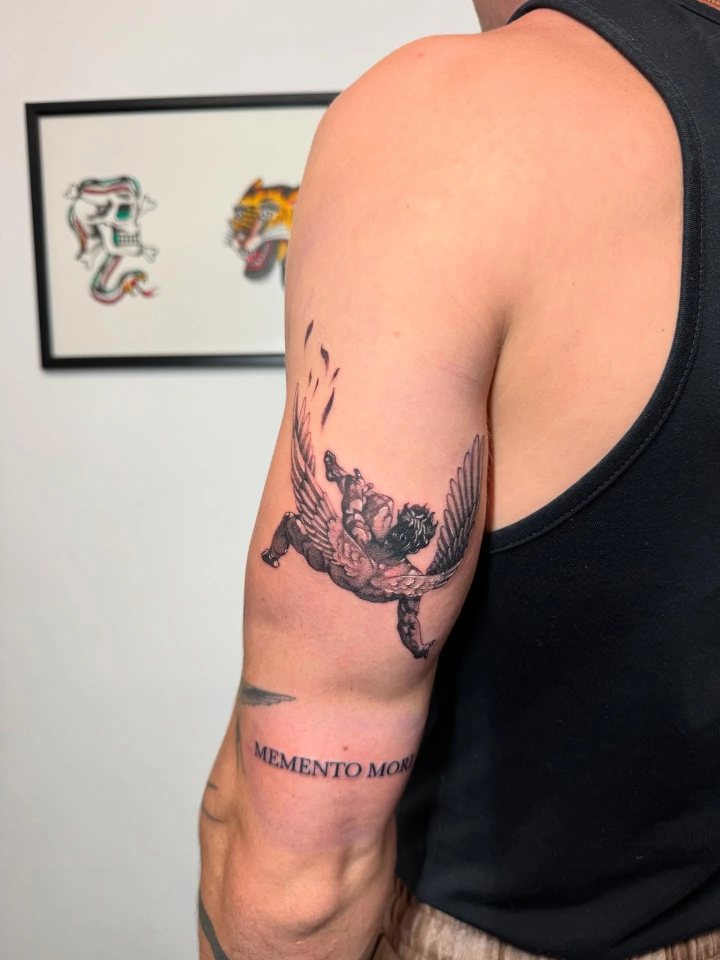 Icarus
For bookings and enquiries email me on louie@almostangels.co.uk 
Made at @aatattoofamily 
📍 10 Fore Hill, Ely, Cambs, CB7 4AF
Supported by @checkmatetattoocare 
#blackandgreytattoo #blackworktattoo