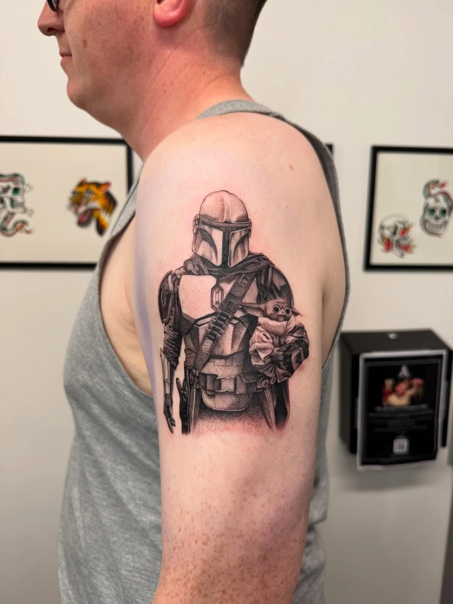 The Mandalorian & Grogu
For bookings and enquiries email me on louie@almostangels.co.uk 
Made at @aatattoofamily 
📍 10 Fore Hill, Ely, Cambs, CB7 4AF
Supported by @checkmatetattoocare 
#tattoo #blackandgreytattoo #mandalorian
