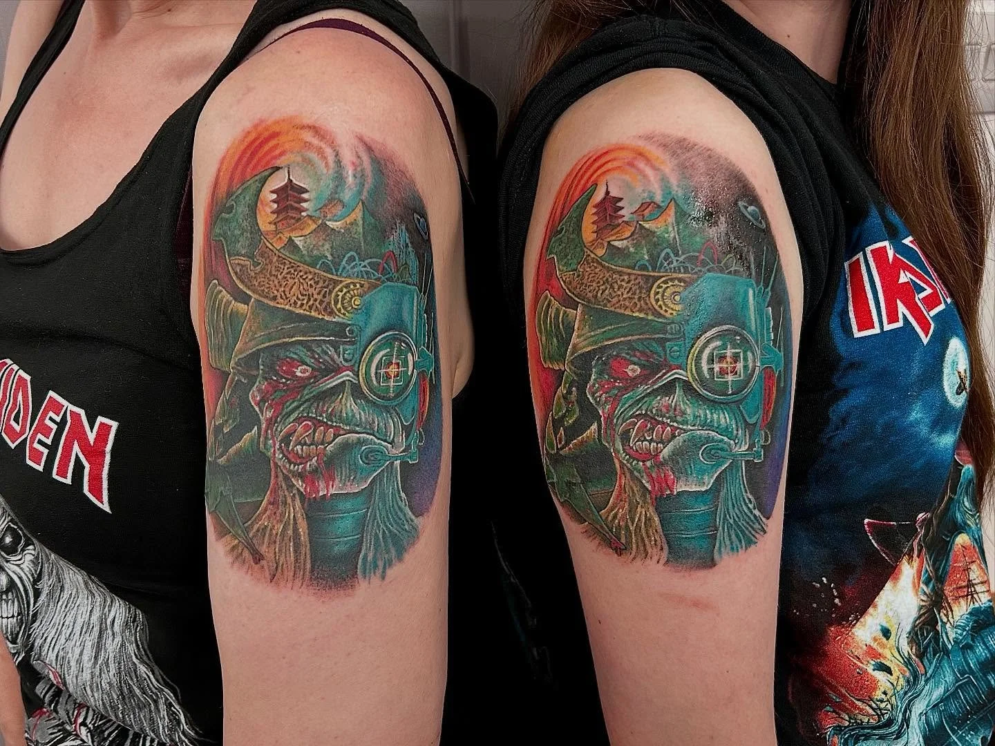 An insightful test of my tattooing endurance and concentration right here 🙌 🧐😅 .. Thoroughly enjoyed doing these matching #ironmaiden #tattoos for lovely mum and daughter super fans. 👏 Split over 2 day sessions a month apart , I did blacks and sh