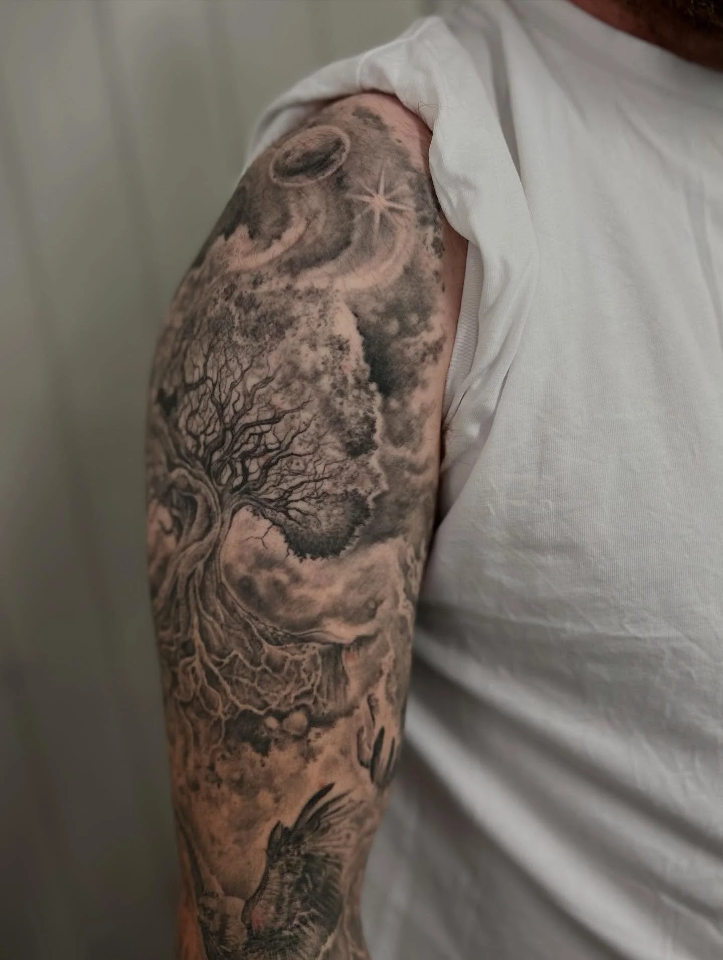 Thankyou so much @michael.woolley14 for letting me create this #ragnarok #sleeve for you. 🤩⚡️ 🌳 🪐 🐿️ Really enjoyed every session and seeing it develop!  Healed pictures. #tattoo #tattoosleeve #aatattoofamily #blackandgreytattoo #realistictattoo