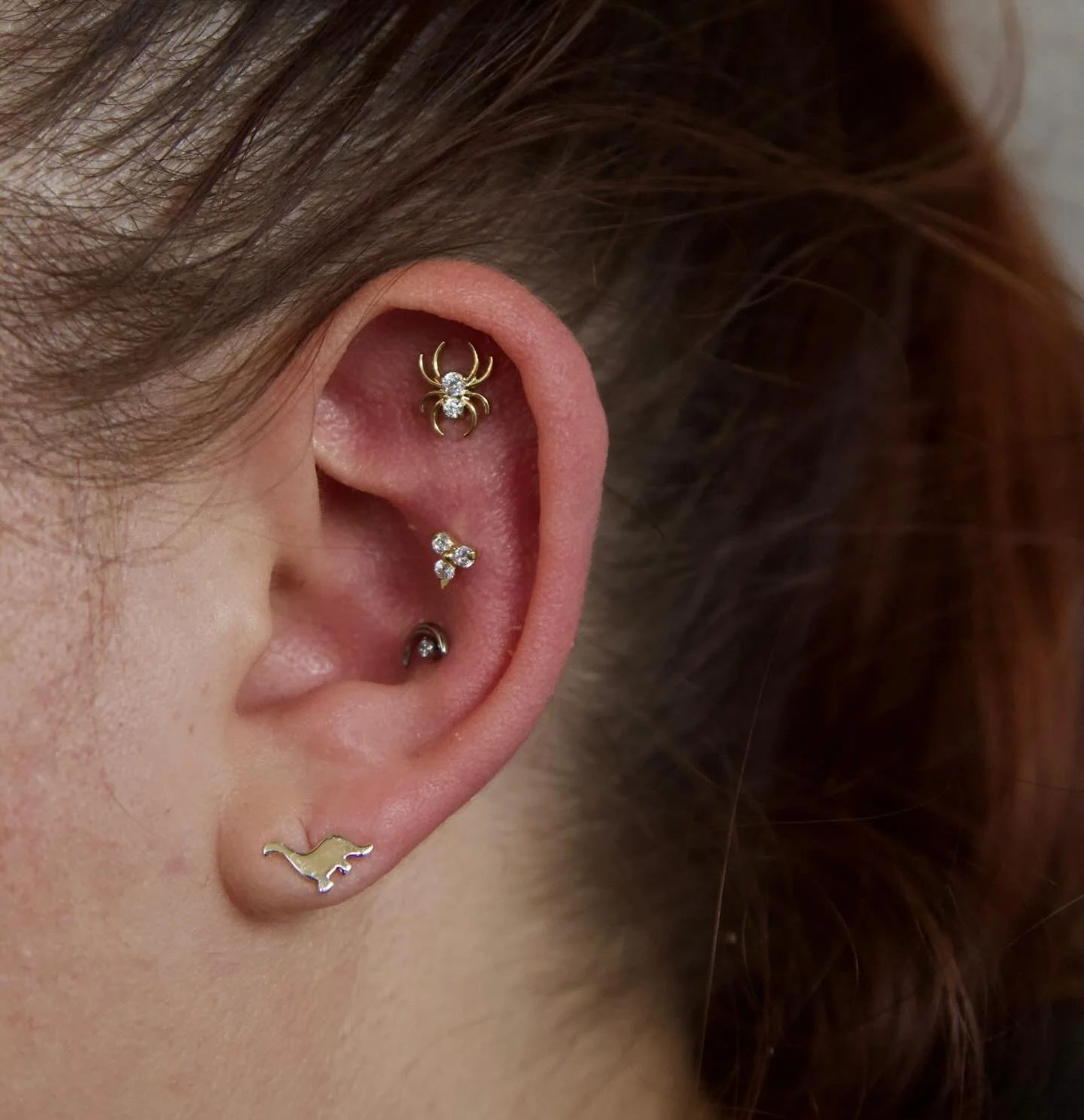 Outer conch piercing &amp; jewellery changes for the lovely Simone 🕷️

Ready for your new piercing or a jewellery change? Get it booked in! 

⭐️Outer conch pierced, with inner conch &amp; helix jewellery being changed 
🪡Needles only! 
📍Ely, Cambri