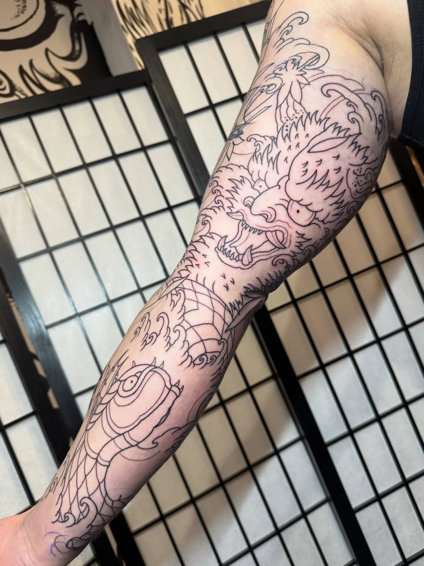 Oni v Snake inner sleeve section outlined today! Thanks a lot Jack mate! Thanks for looking, Ben x #tattoo #tattooart #tattooartist #tattoocollective #art #artwork #artcollective #artist #sullenclothing #artdriven #japanese #irezumi #tebori #japanese