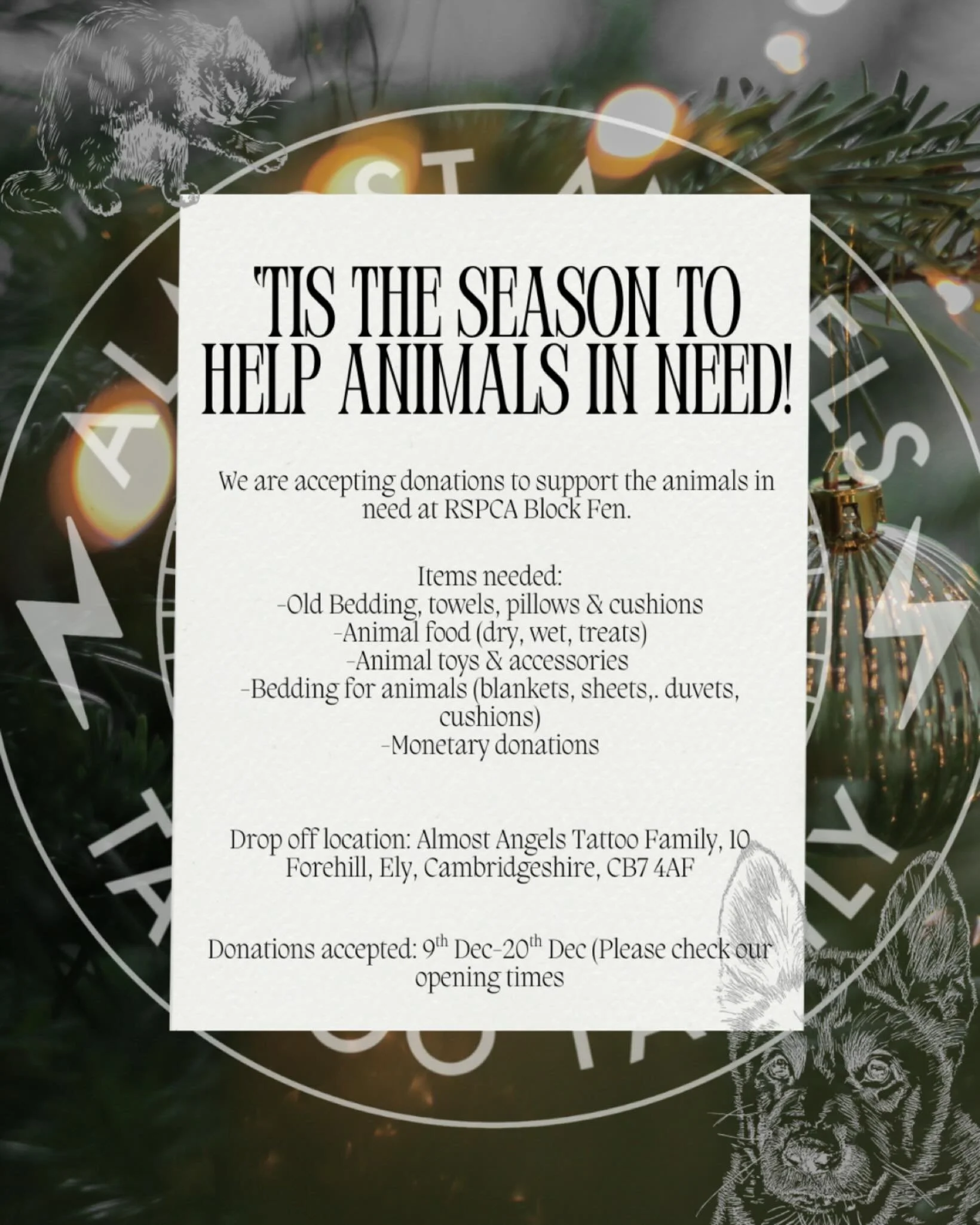 &lsquo;Tis the season to help animals in need! 🦌🎅🏼

We are accepting donations to support the animals in need at RSPCA Block Fen🌲

Items needed:
-Old Bedding, towels, pillows &amp; cushions
-Animal food (dry, wet, treats)
-Animal toys &amp; acces