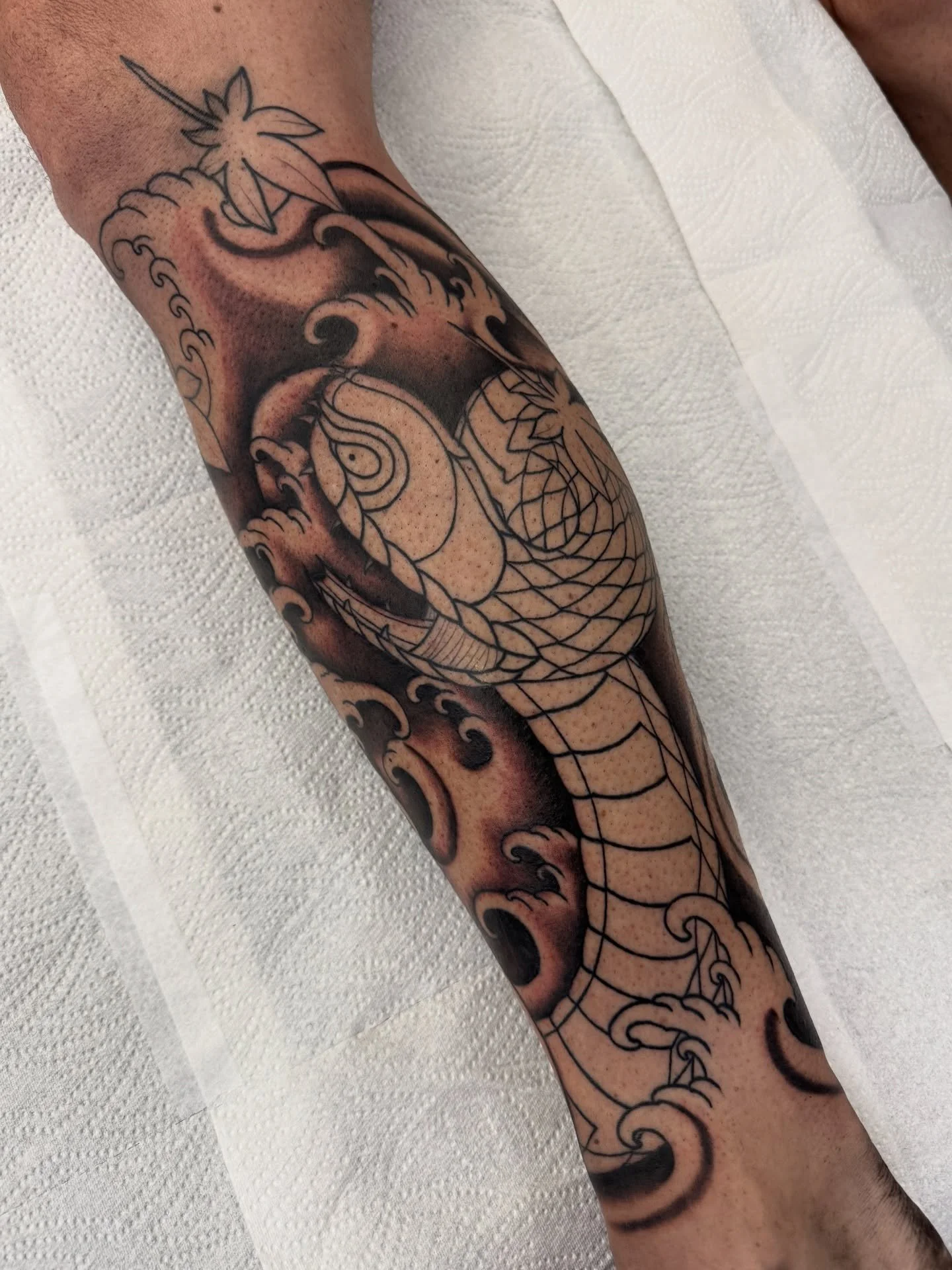Foo Dog v Snake - Japanese half leg sleeve progress! Thanks a lot Steve mate! Thanks for looking, Ben x #tattoo #japanesetattoo #foodog #snake #essextattoo