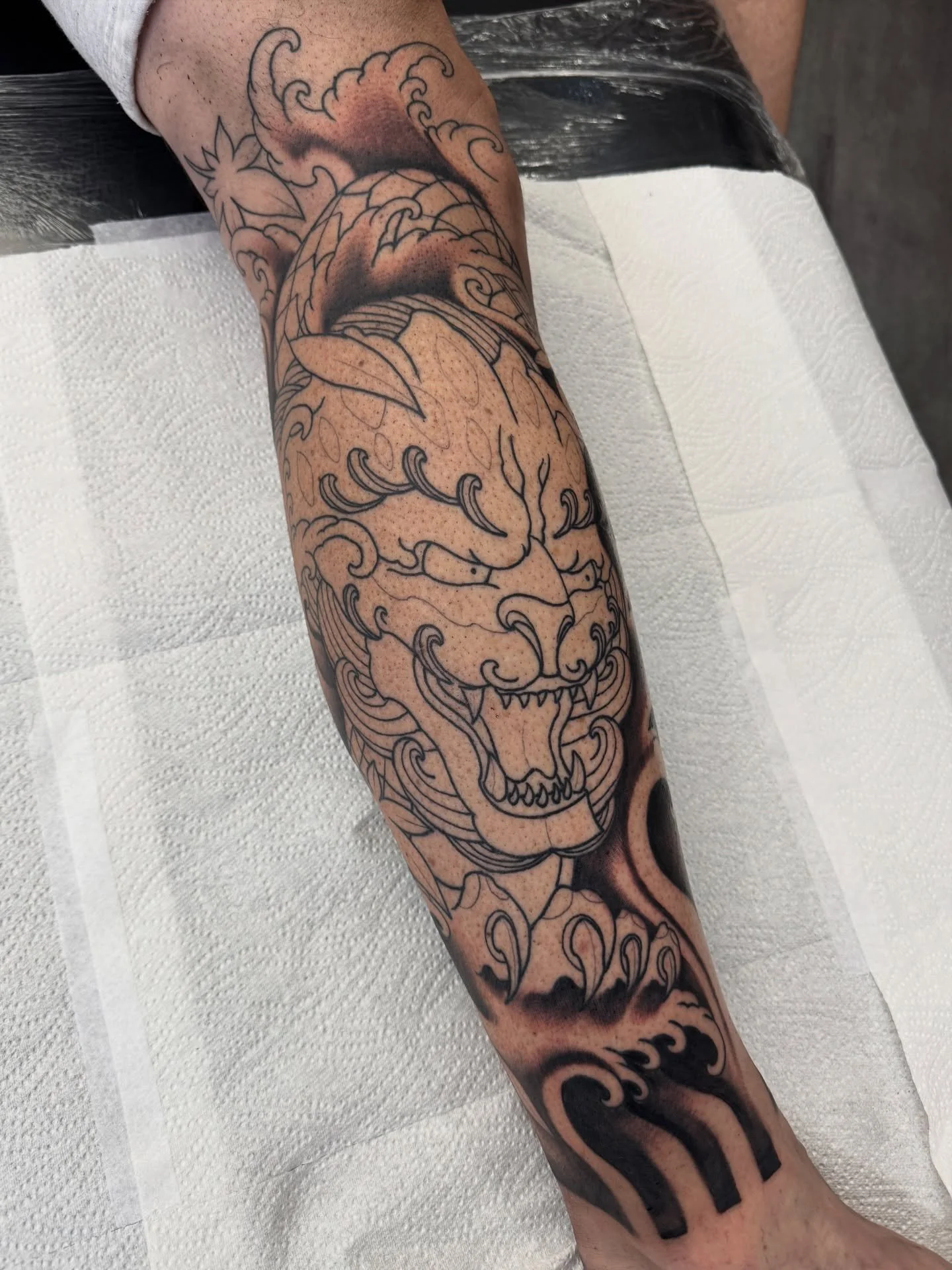 Foo Dog v Snake - Japanese half leg sleeve progress! Thanks a lot Steve mate! Thanks for looking, Ben x #tattoo #japanesetattoo #foodog #snake #essextattoo