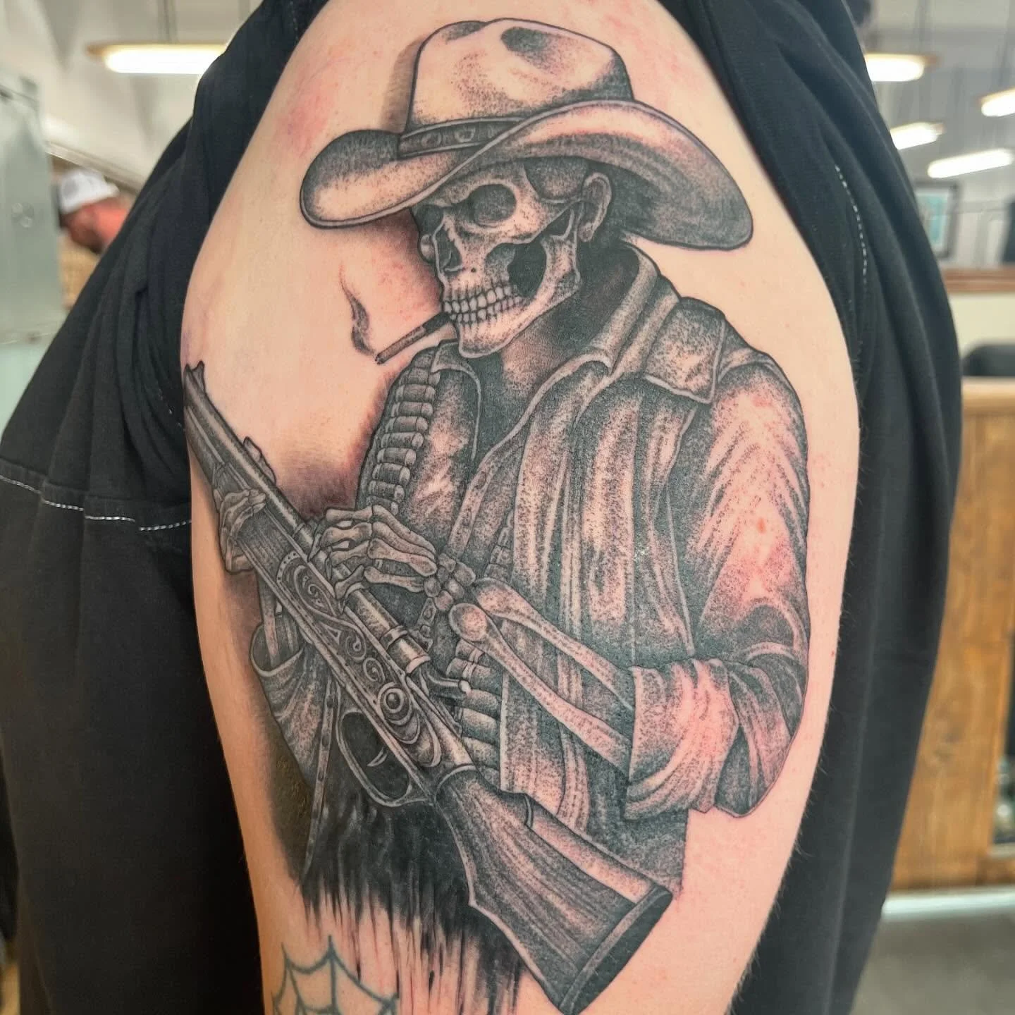 One from last week. Done at @aatattoofamily For bookings you can contact me at steve@almostangels.co.uk or drop me a message for availability. Thanks for looking 🤘🏼🤘🏼#tattoo #cowboy #blackandgreytattoos  #almostangelstattoofamily #ely #cambridge 