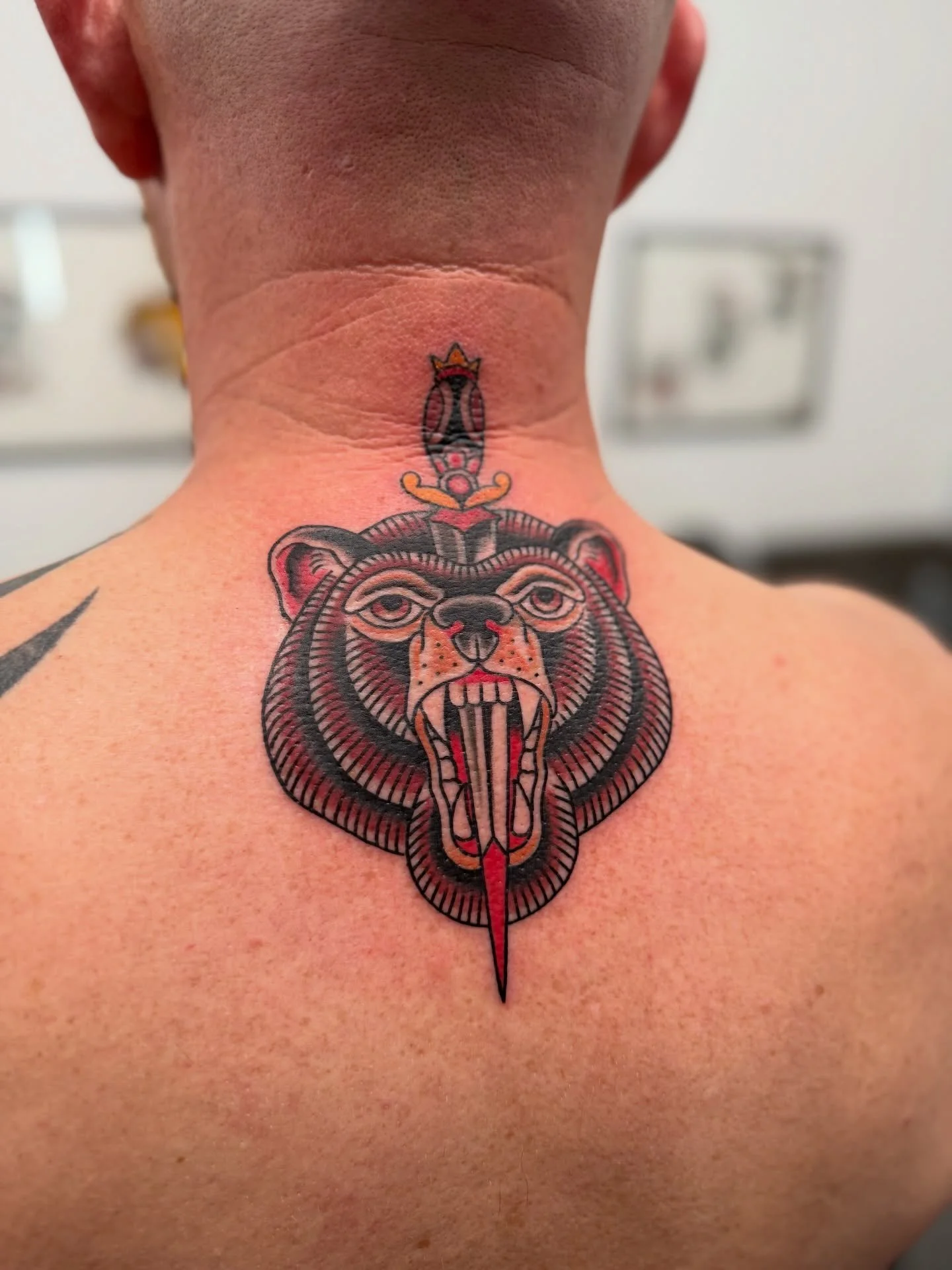 Traditional bear with dagger cover up 🐻🗡️

For bookings and enquiries email me on louie@almostangels.co.uk 

Made at @aatattoofamily 
📍 10 Fore Hill, Ely, Cambs, CB7 4AF

Supported by @checkmatetattoocare