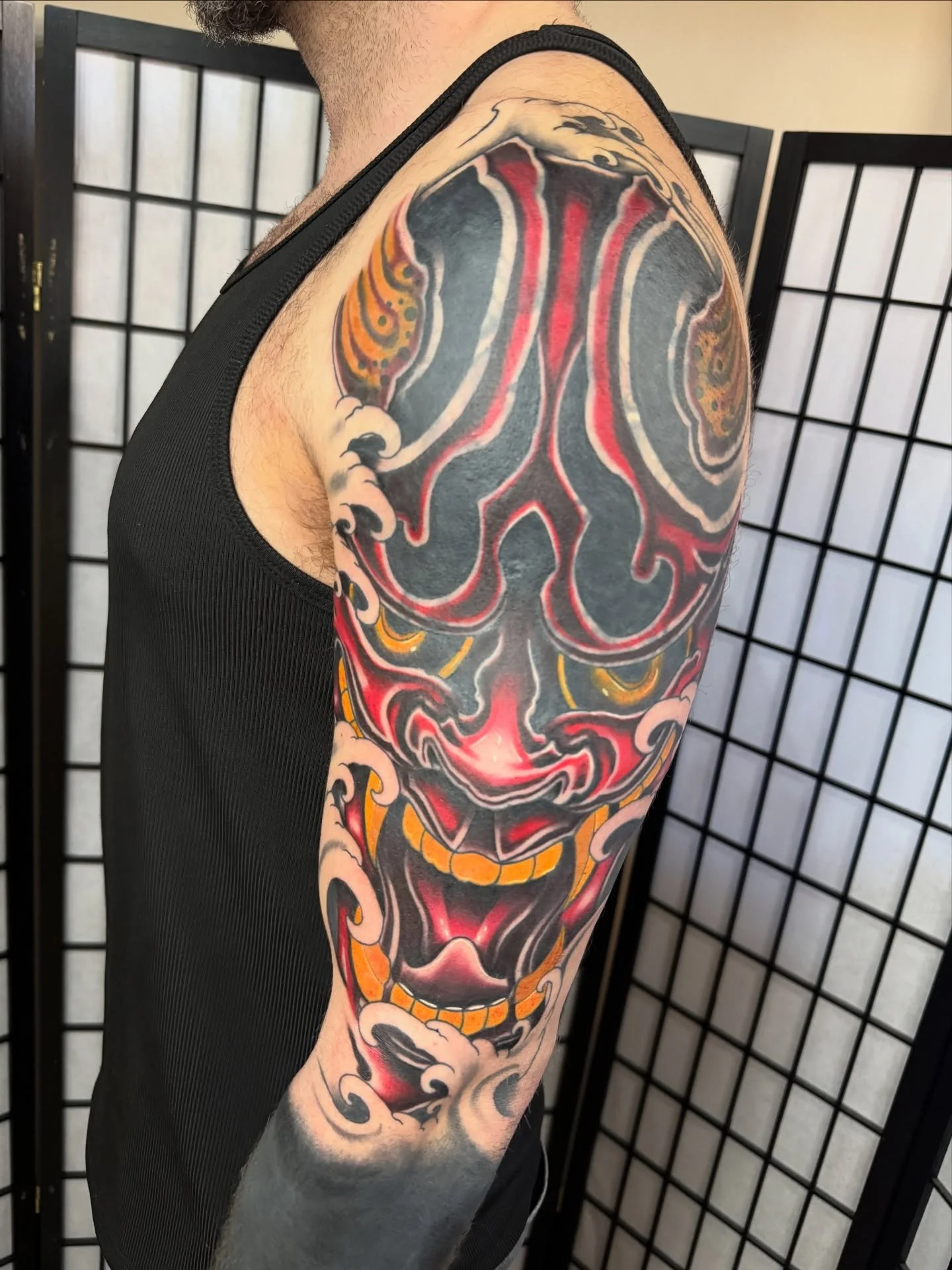 👹 Upper arm Hannya cover up complete 👹 Swipe to see what&rsquo;s underneath! Thanks a lot James mate! Thanks for looking, Ben x #tattoo #japanesetattoo #hannya #coveruptattoo #essextattoo
