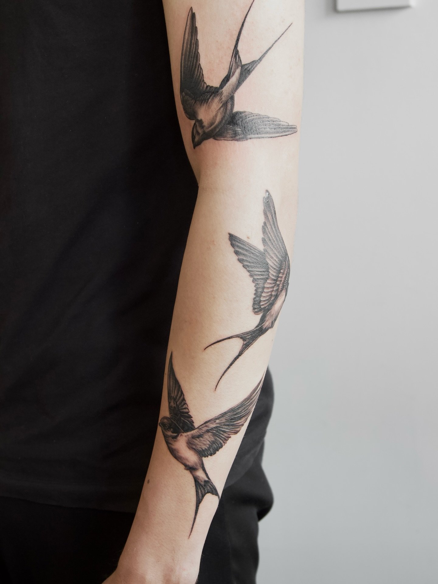 Starting Ethan&rsquo;s sleeve with these beautiful swallows, honouring his family 🖤

📌 @stevetuckertattoos 
📧For bookings &amp; enquires, email steve@almostangels.co.uk