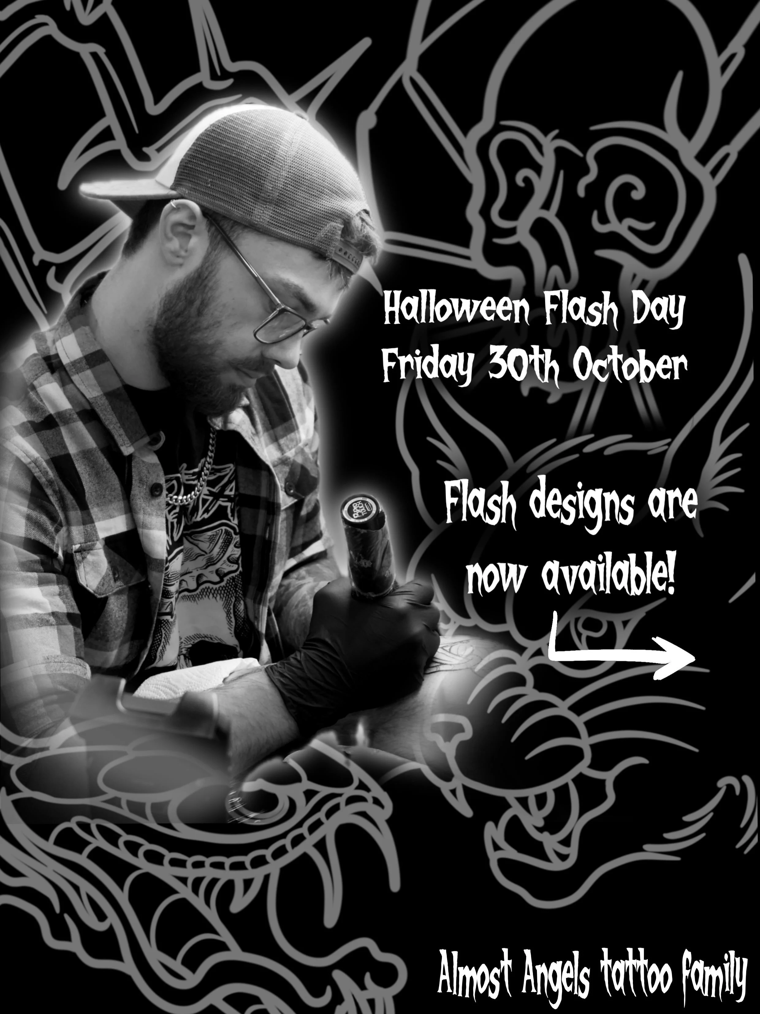 HALLOWEEN FLASH DAY! I will be hosting my own Halloween flash day on the Friday 30th October at @aatattoofamily 

&pound;120 each! 

Limited spaces available must book ahead in advance 

Arrive 5-10 mins early to fill out forms as timings are strict!