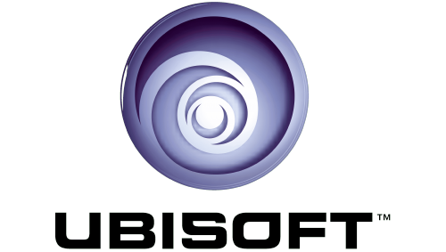 Logo d'Ubisoft avec un symbole en spirale et le nom de la société en dessous.