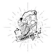 Dessins d'un cœur ouvert avec des éléments artistiques, et une bannière avec le texte 'Amore Mio'.