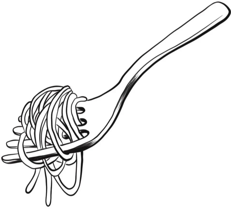 Illustration en noir et blanc d'une fourchette avec des spaghettis enroulés dessus.