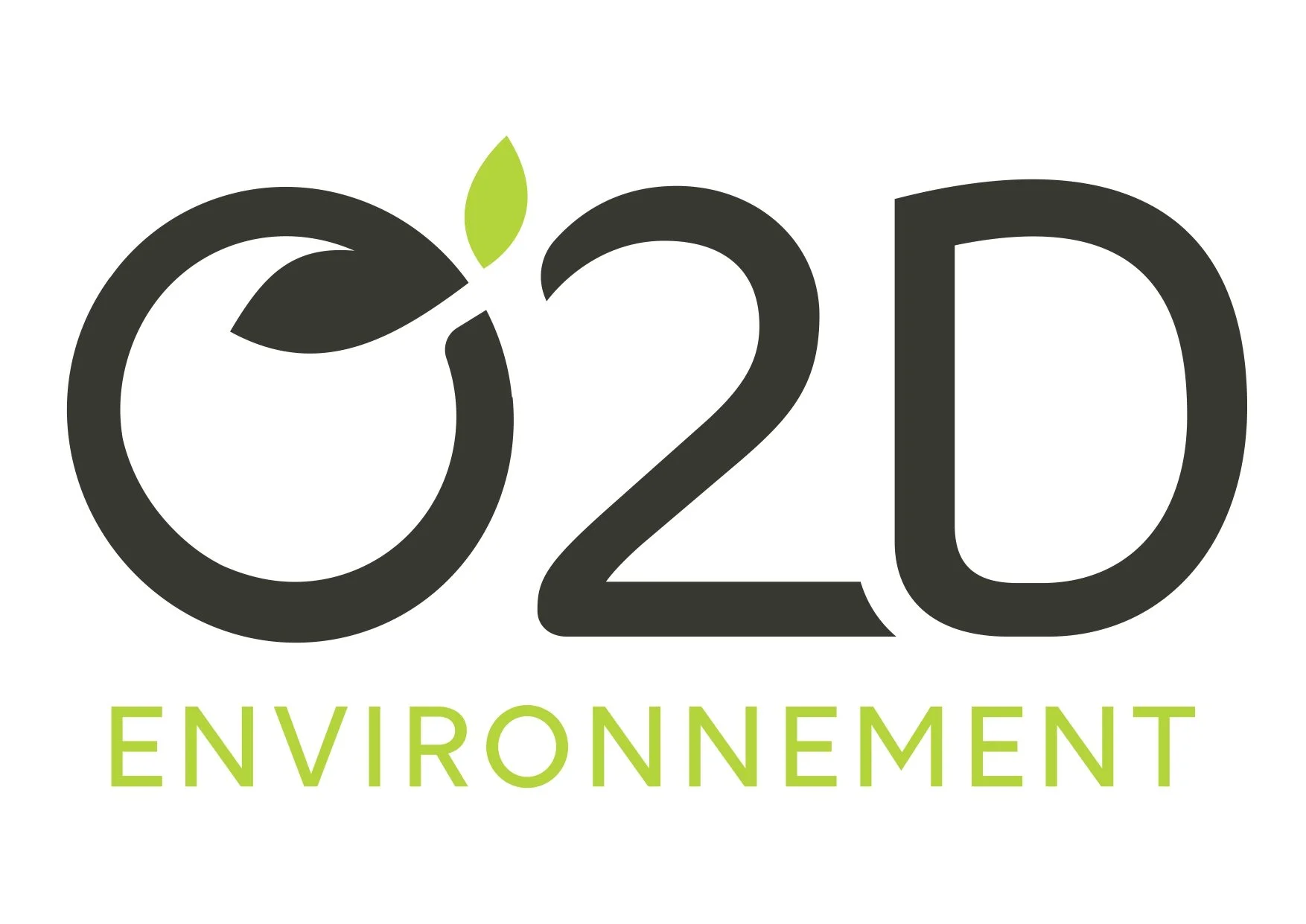 Logo O2D Environment avec un symbole de cercle avec deux feuilles, en noir et vert, et le texte 'O2D' en noir avec le mot 'ENVIRONNEMENT' en vert en dessous.