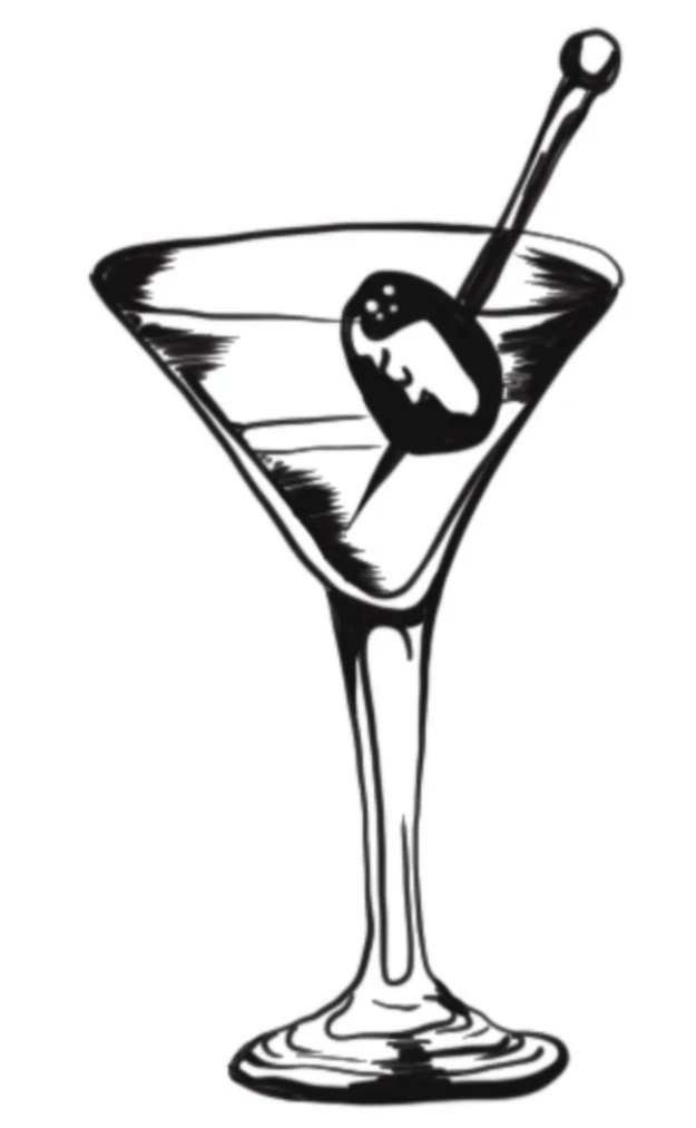 Illustration en noir et blanc d'un verre à cocktail avec une olive et un agitateur.