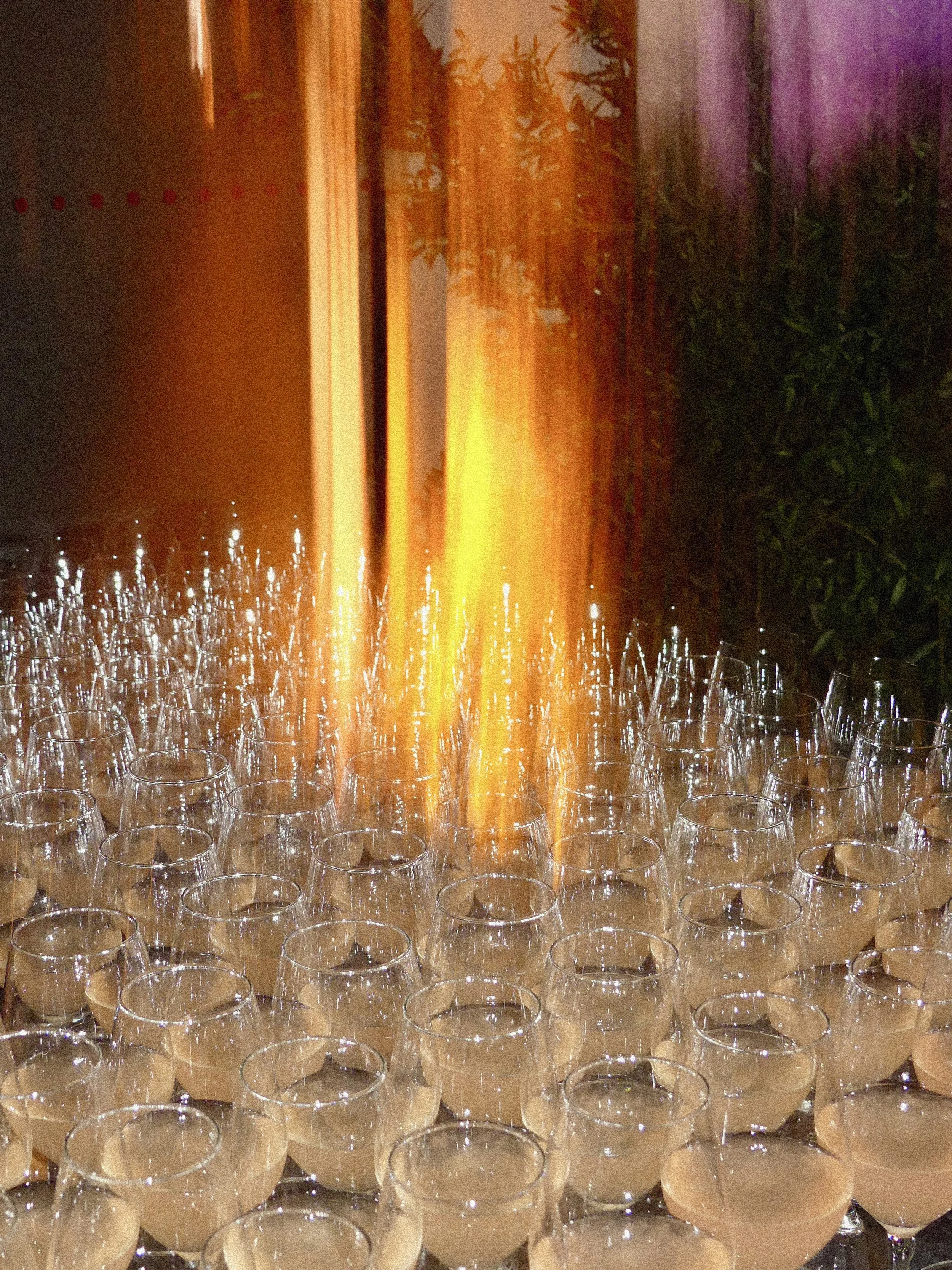 Verre de champagne ou vin dans des flutes alignées, avec une réflexion sur la surface, à l'extérieur lors d'un coucher de soleil.