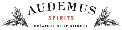 Logo avec le texte 'Audemus Spirits Créateur de Spiritueux' et des feuilles décoratives