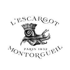 Logo noir et blanc de L'Escargot Montorgueil avec un escargot portant une couronne, texte 'L'Escargot Montorgueil Paris 1832' en arc au-dessus et en dessous.