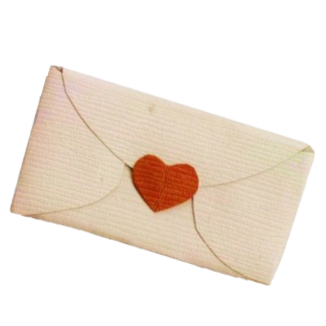 A white envelope with a red fabric heart in the center, decorated with thin string-like lines forming a simple design.