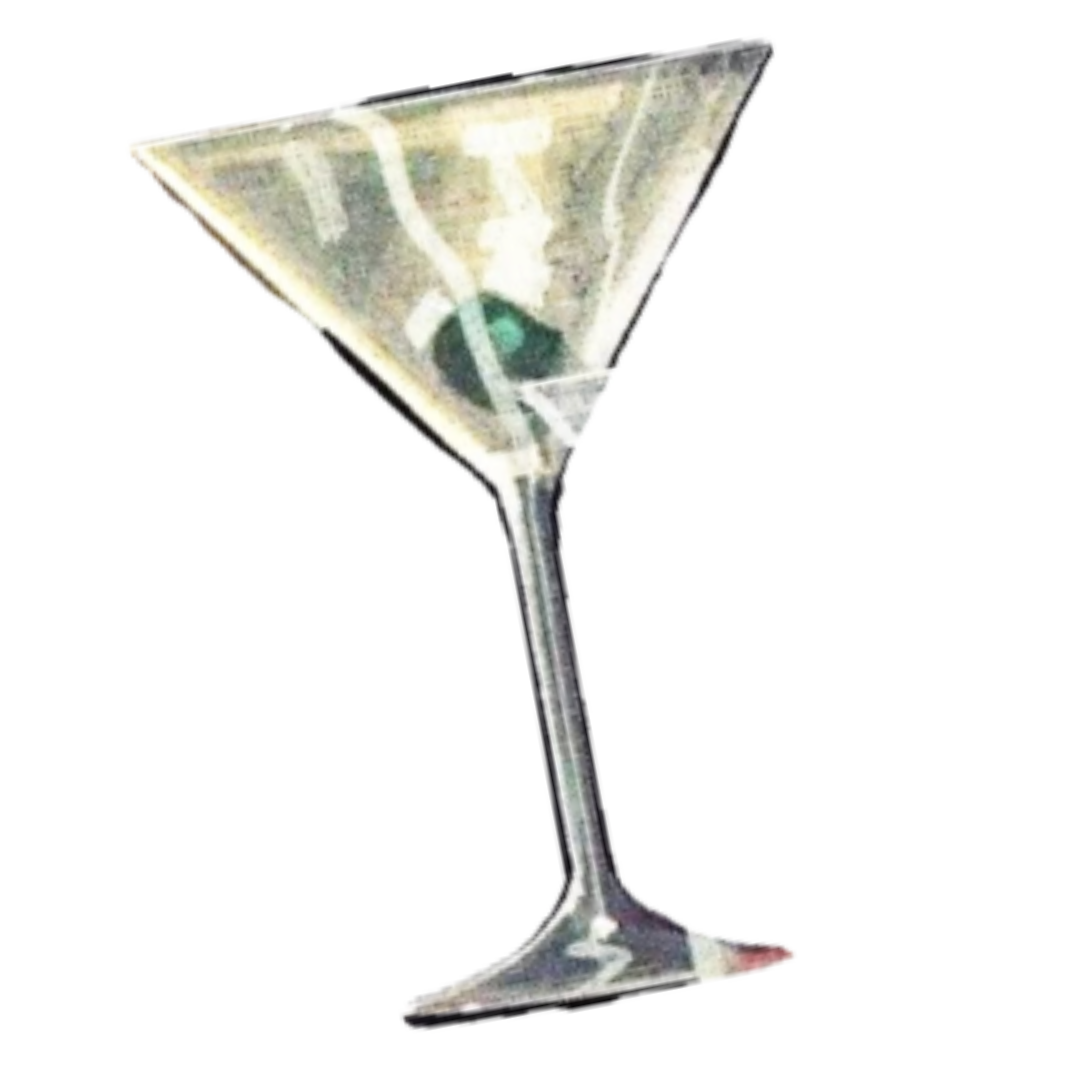 A cocktail glass with a green olive inside.