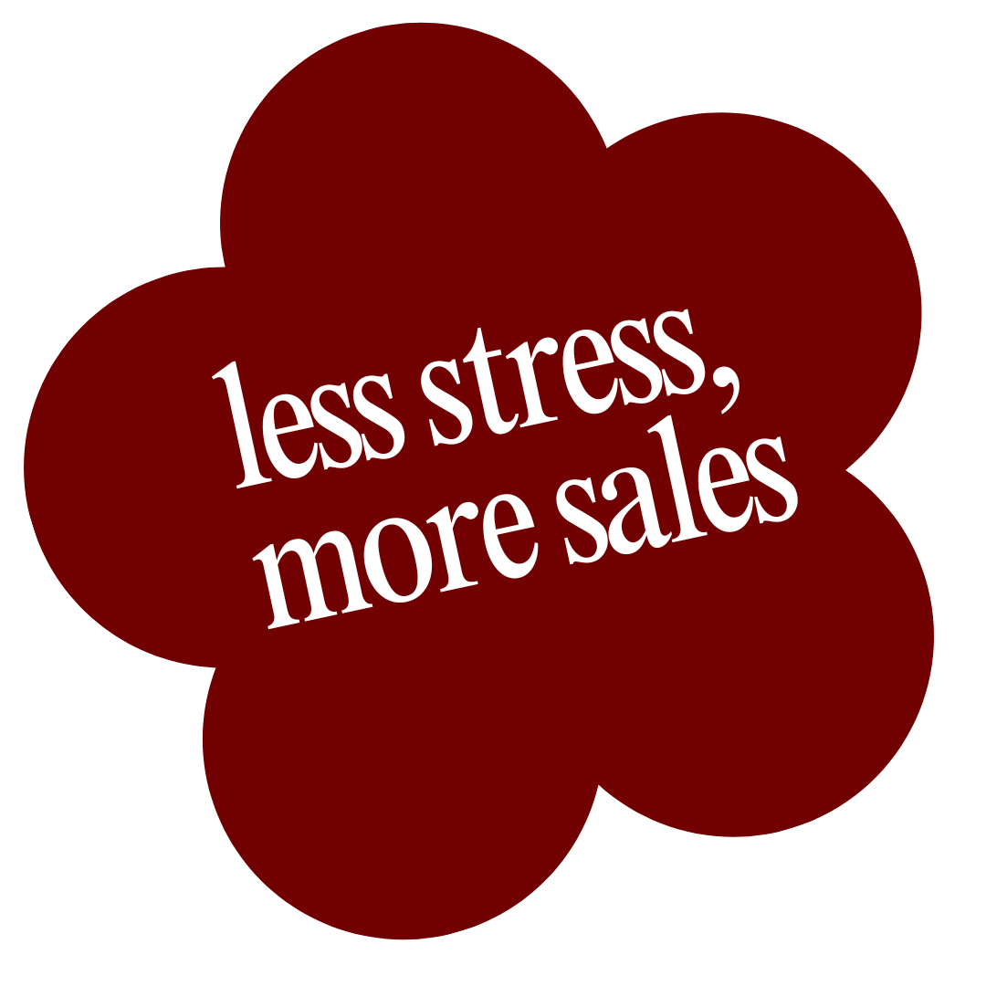 A dark red, stylized abstract shape with white text that says 'less stress, more sales'.