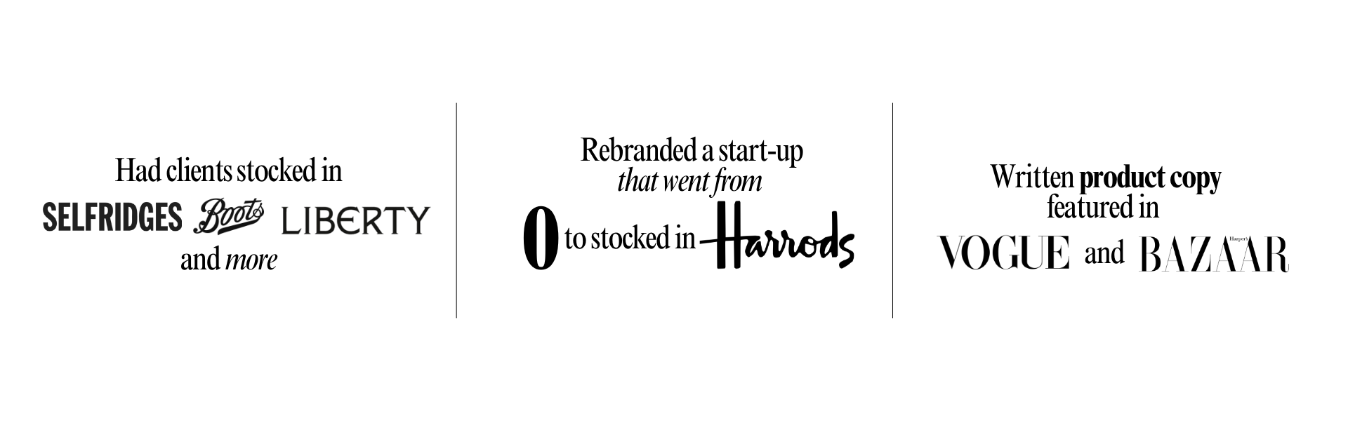 Black and white image with the words 'Selfridges', 'Boots', and 'Liberty' in different styled fonts.
