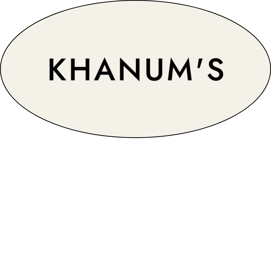 Khanum's logo with the text 'KHANUM'S' inside an oval shape.