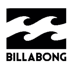 Logo del marchio Billabong con onde stilizzate e testo "Billabong" in basso.