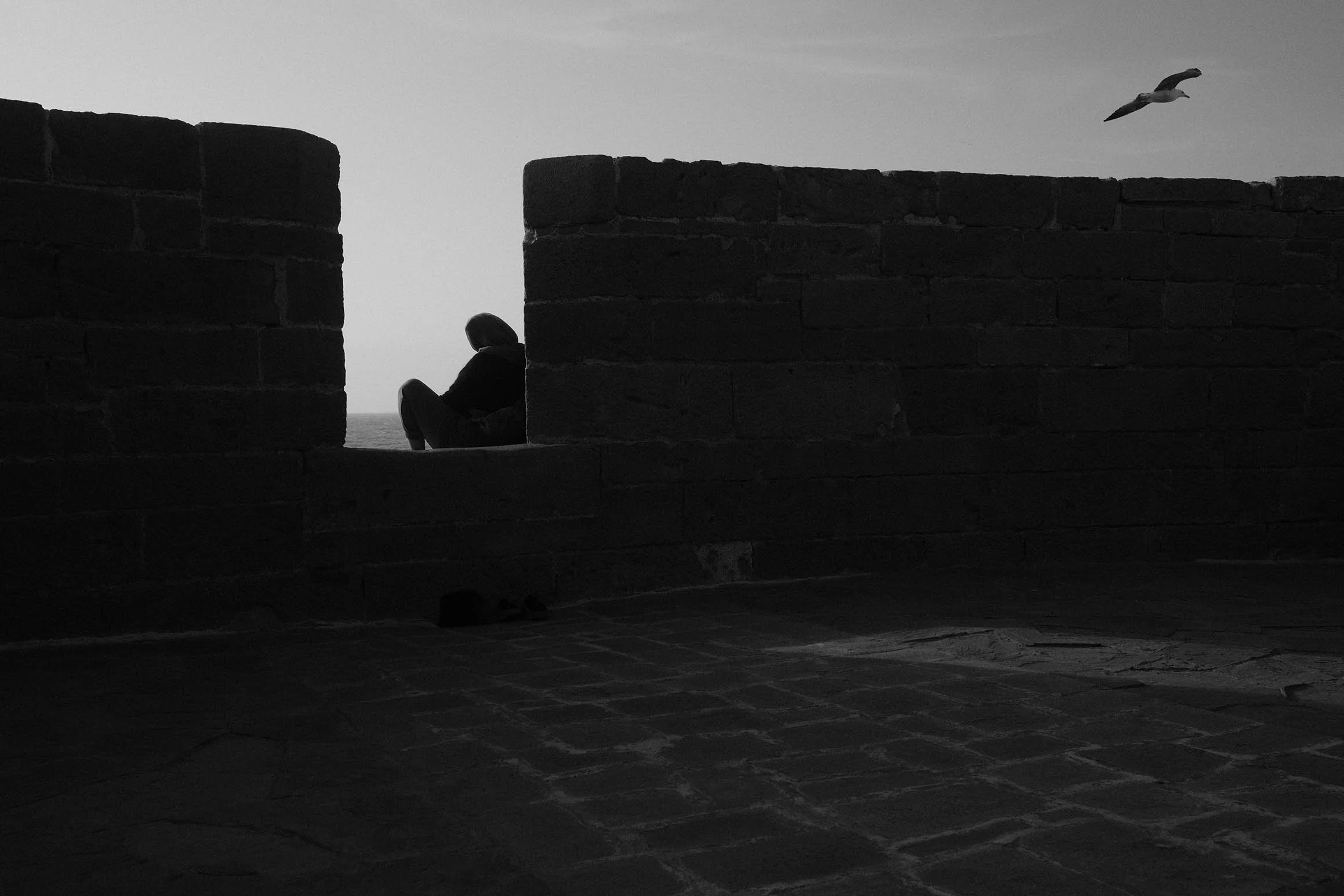 Silhouette d'une personne assise entre des murs en pierre, regardant vers la mer, avec un oiseau volant dans le ciel.
