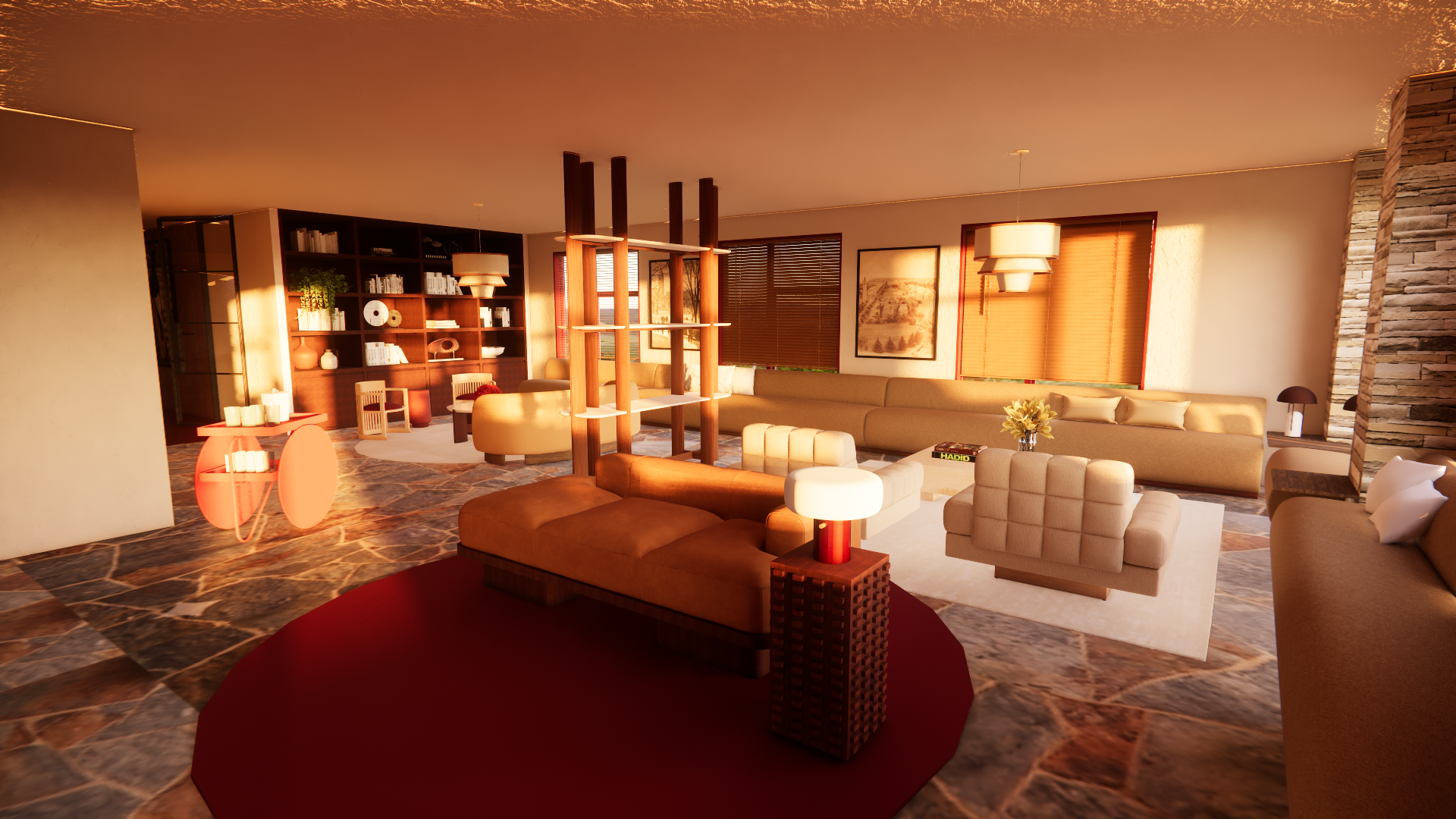 Living room with large beige sectional sofa, modern chairs, wooden shelves with books and decorative items, marble floor, and large windows with blinds, illuminated by warm sunlight.