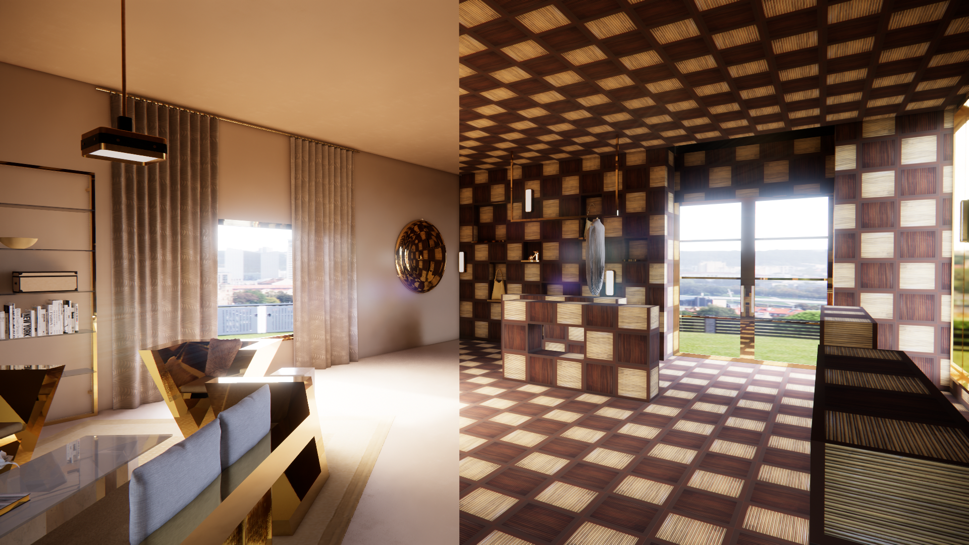 A split view of an interior space: on the left, a modern living room with beige walls, beige curtains, white carpet, a dining table with gray chairs, a black shelf with books, and a gold wall decoration; on the right, a room with a wooden grid ceiling, wooden grid walls, and large windows revealing a cityscape with buildings and sky, with patterned wood flooring.