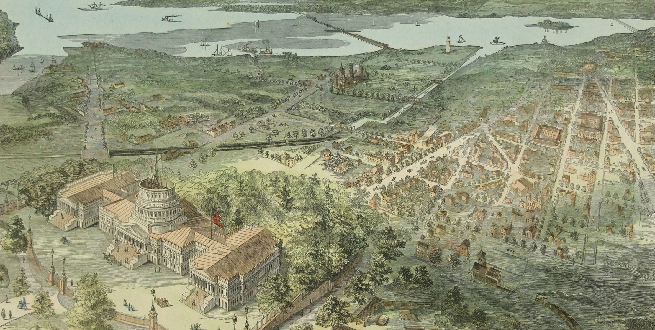 A historical illustration of Rome with the Roman Colosseum and surrounding city, including a canal with ships in the distance and various buildings, trees, and roads.