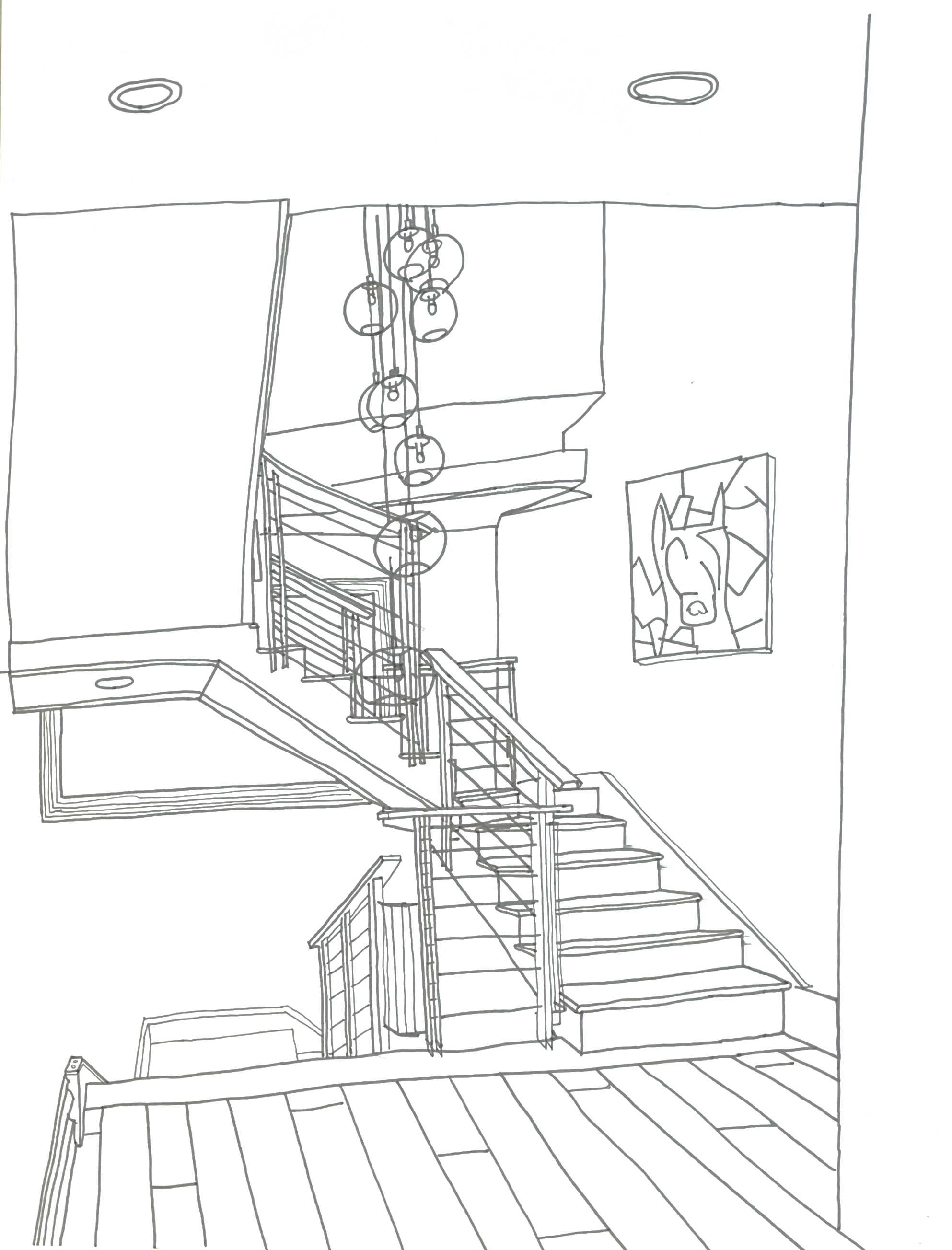 Line drawing of modern staircase with railing, hanging spherical light fixtures, and artwork on the wall.