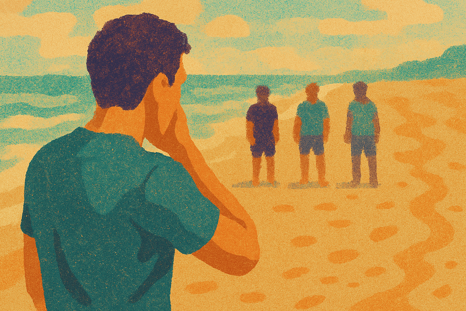 A person standing on the beach looking at three people standing in the distance near the water.