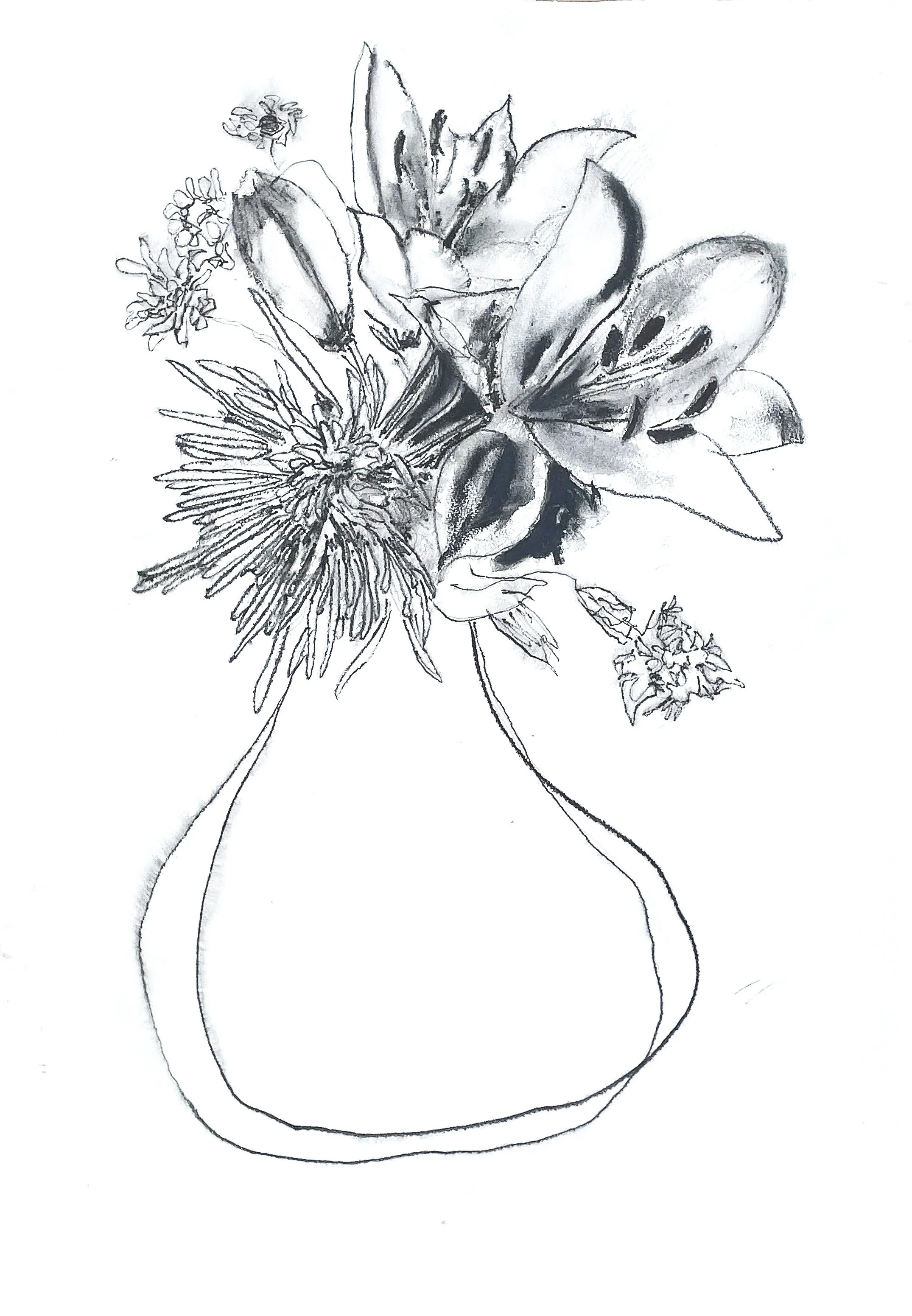 A black and white sketch of a flower arrangement in a narrow, round vase. The arrangement includes various flowers and leaves with detailed line work.
