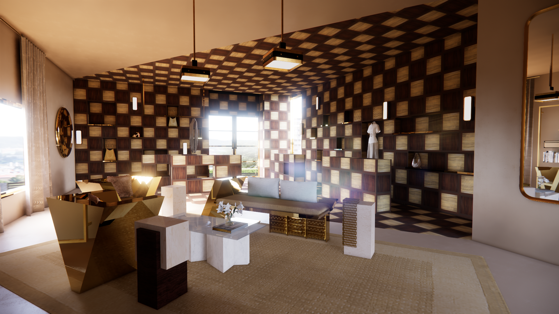 Modern living room with a wooden grid wall, sunlight streaming through large windows, and stylish furniture including a sofa, chairs, and coffee tables.