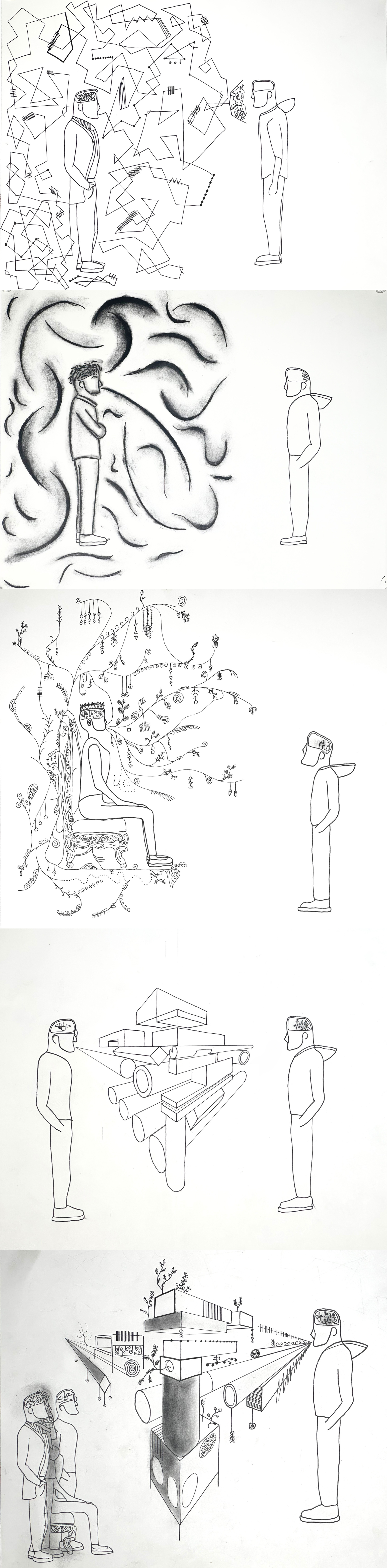 Four pairs of figures, each pair includes two men with glasses, one sitting and one standing, facing each other. The background of each pair features various abstract or surreal artistic elements.