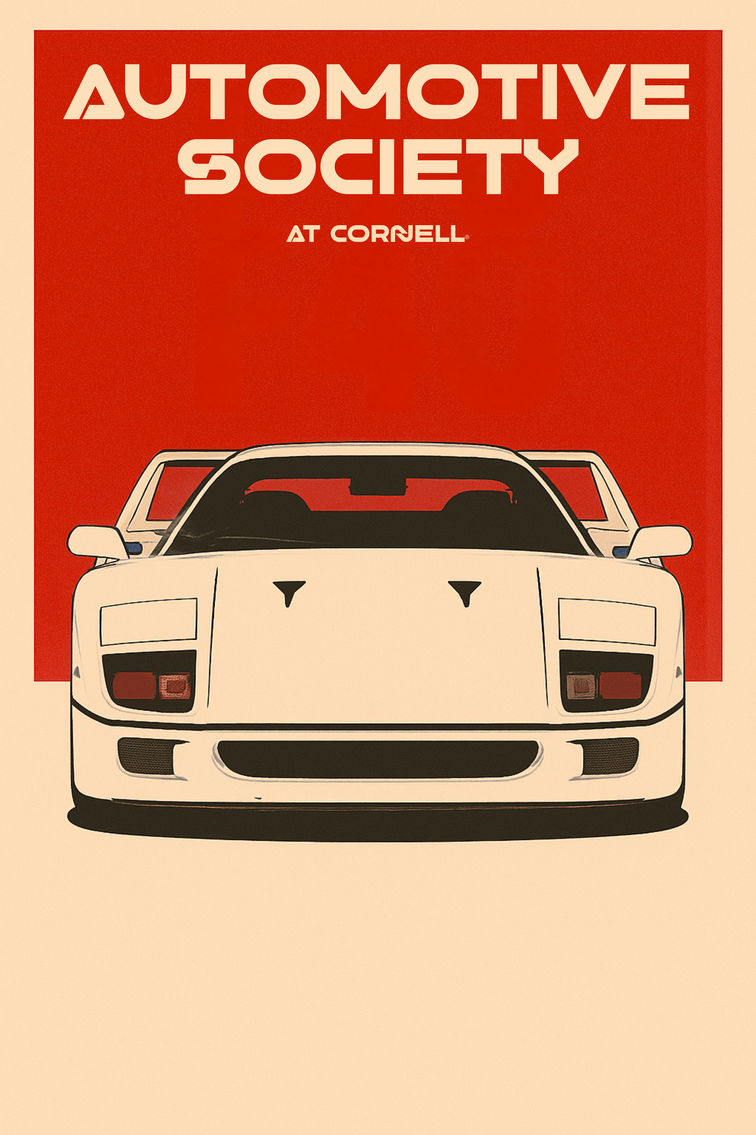 Illustration of a white sports car with a sleek design on a red background with the text 'Automotive Society at Cornell'.