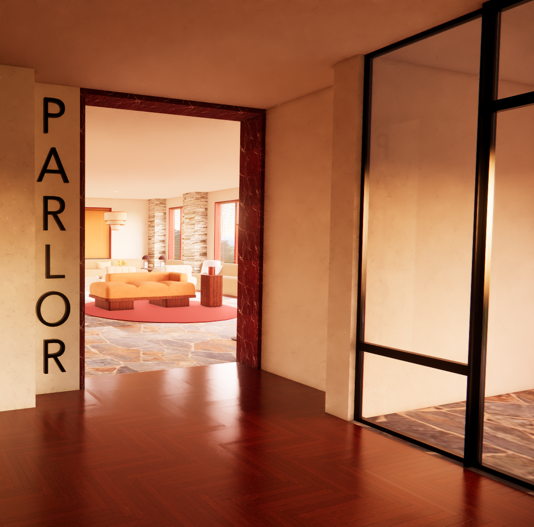 Looking through an open doorway into a hotel lounge or lobby with seating, large windows, and modern decor.