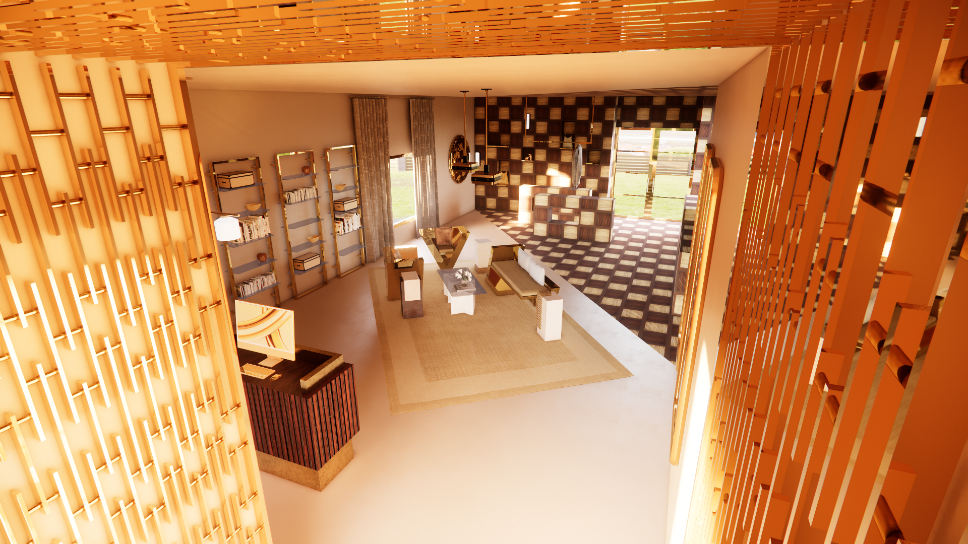 Interior view of a modern living room with a high ceiling and wooden accents, including a bookshelf wall, a sitting area with couches and coffee table, and large windows letting in natural light.