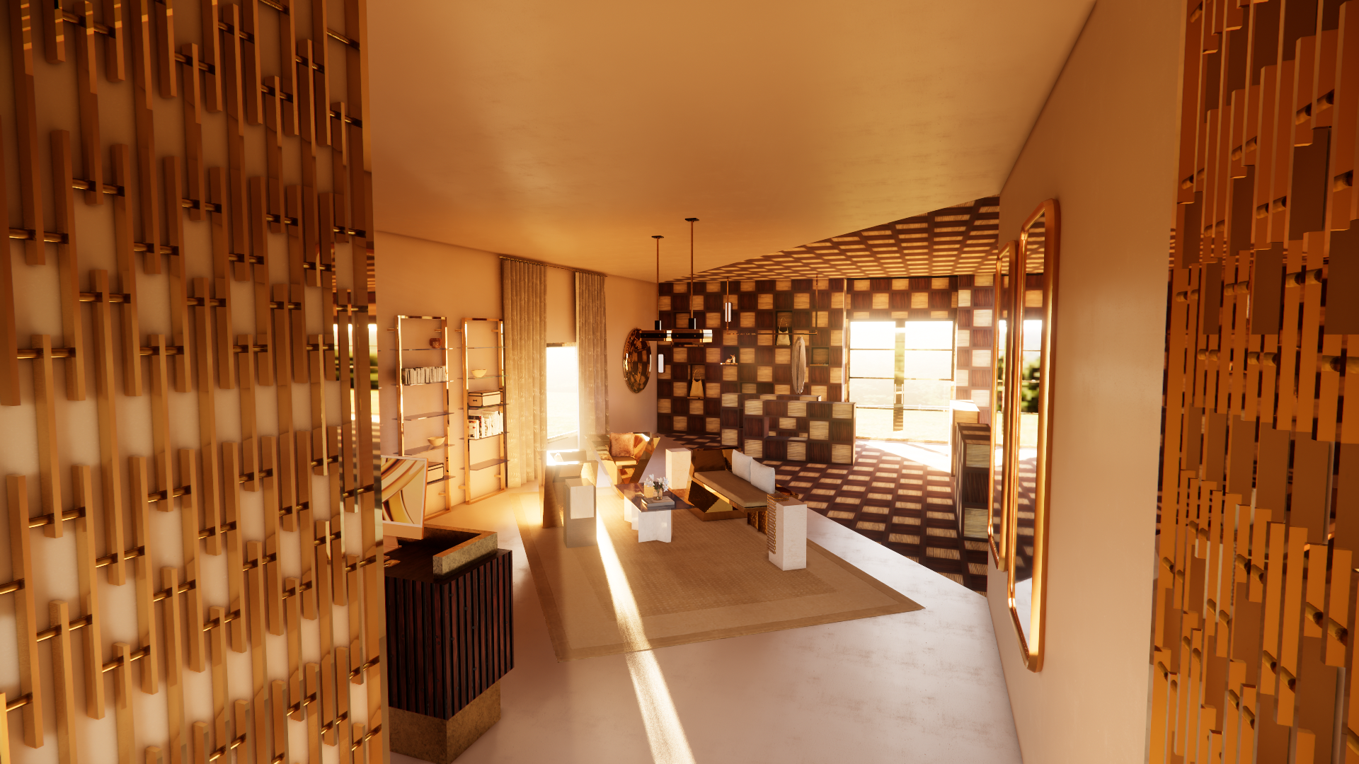 Modern living room with wooden decor, large windows, sunlight, seating area, and decorative wall design.