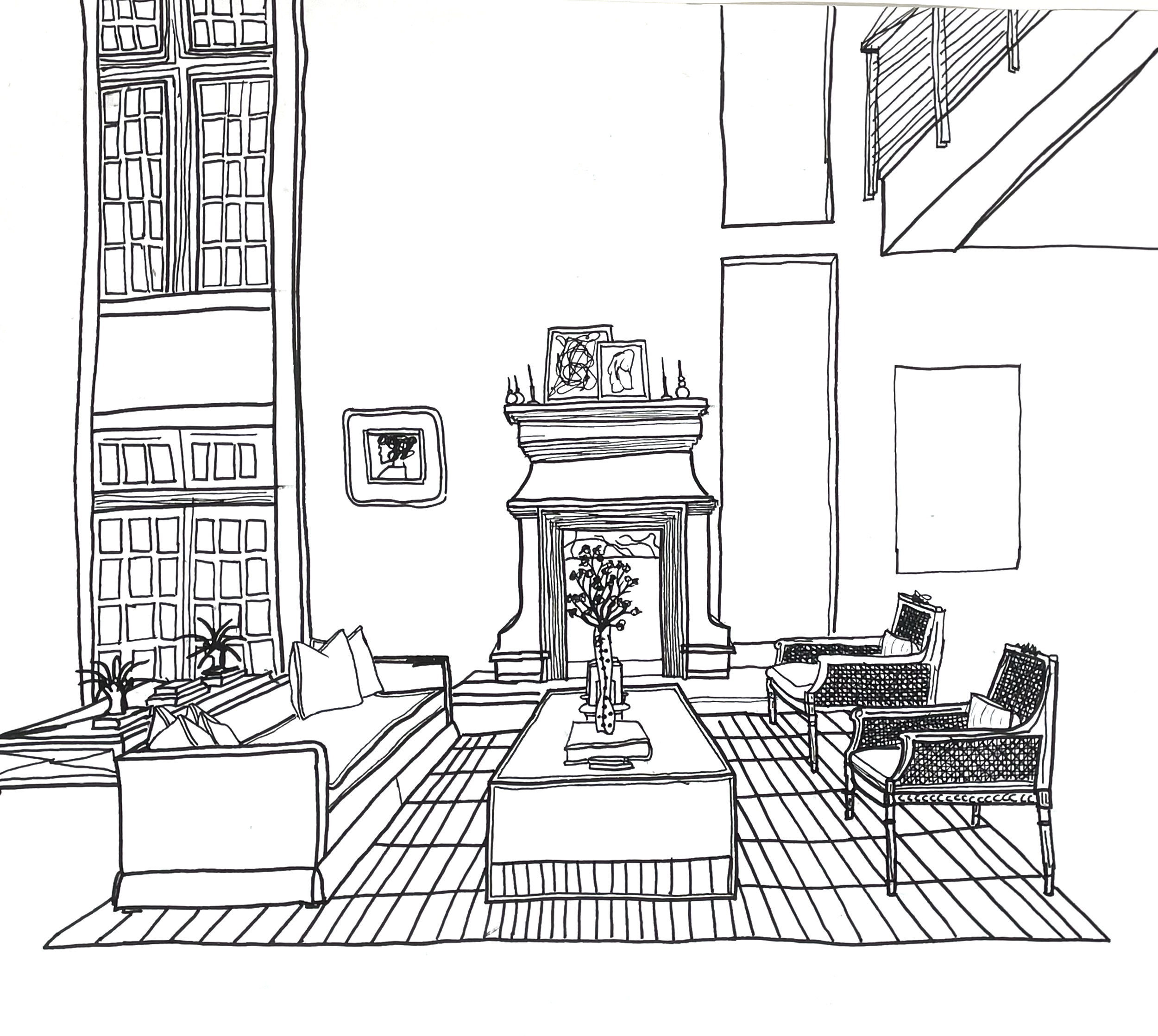 Line drawing of a living room with large windows, a fireplace, chairs, a table, a framed portrait, and potted plants.