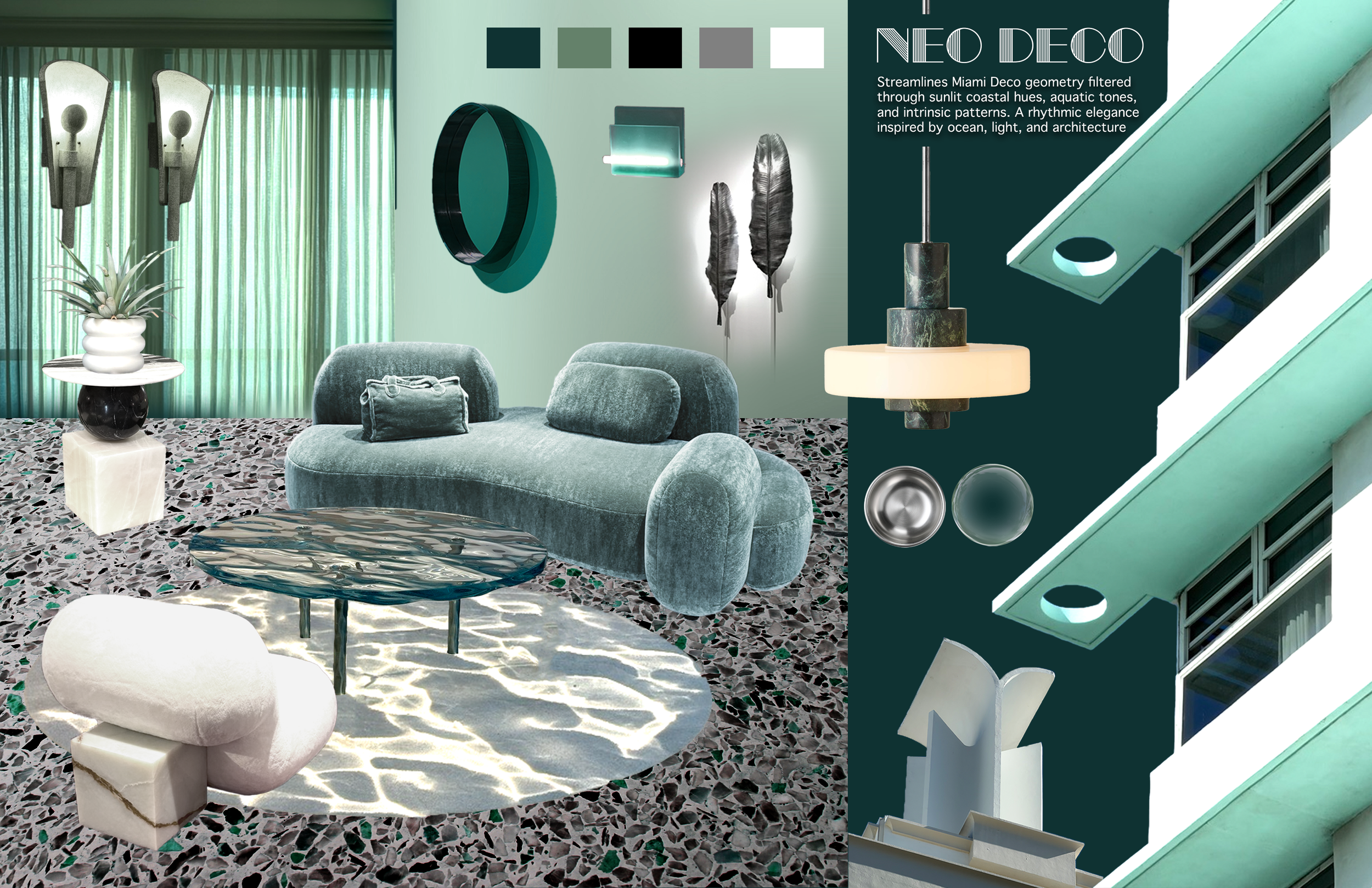 Interior living room with a terrazzo floor, a light blue velvet sofa, a white fluffy ottoman, a black and white pedestal with a plant, and modern wall decor including two metallic feathers and round wall art. A window with sheer curtains is in the background. Color palette includes teal, gray, black, white, and metallic accents.